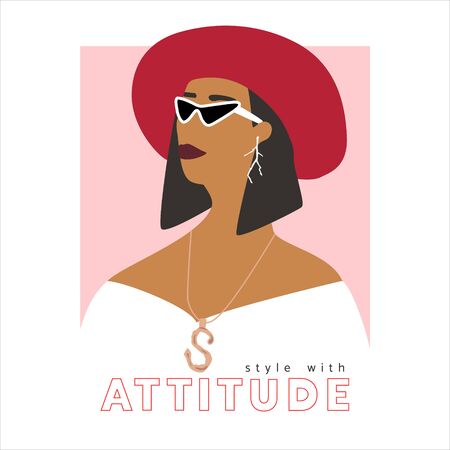 Fashion woman  portrait  with trendy hairstyle and red hat.  Stylish jewerly, earrings and glasses. Stile with attitude text. Vector illustration for print, t-shirt design, poster, banner, tote bag.のイラスト素材