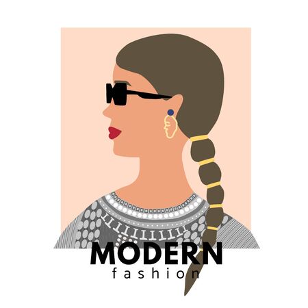 Fashion woman profile portrait  with trendy pigtail.  Stylish dress, tape and glasses. Modern fashion text. Vector illustration for print, t-shirt design, poster, banner, tote bag.のイラスト素材