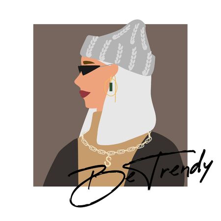 Fashion woman profile portrait  in warm sweater, trendy beanie hat and jewerly .  Stylish earrings and glasses. Be trendy text. Vector illustration for print, t-shirt design, poster, banner, tote bag.のイラスト素材