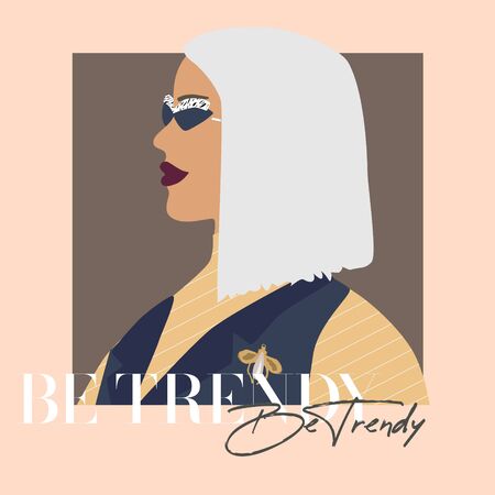 Fashion woman profile portrait  with trendy hairstyle.  Stylish pin and glasses. Be trendy text. Vector illustration for print, t-shirt design, poster, banner, tote bag.のイラスト素材