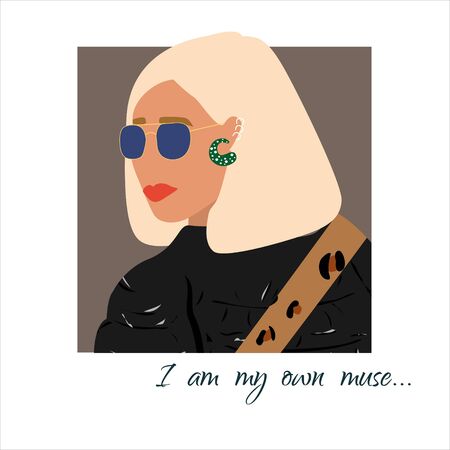 Fashion woman  portrait  in black jacket with trendy hairstyle .  Stylish earrings and glasses. I am my own muse text. Vector illustration for print, t-shirt design, poster, banner, tote bag.のイラスト素材