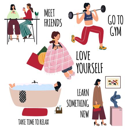 Love yourself vector set. Happy lifestyle poster. Motivation for women to take time for yourself: meet friends, go to gym, relax, learn something new, healthcare. Cartoon flat vector illustration. のイラスト素材