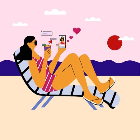 Travel blogger relaxing on a beach near the sea. Young woman drinking a cocktail and sharing live content with followers in the internet.  Flat vector illustration.のイラスト素材