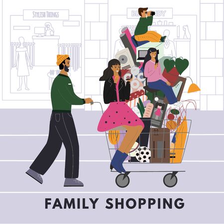 Happy family are with shopping cart full of purchases at the mall. Cute father is carrying cart with mother, children and goods. Family shopping concept flat vector illustration. のイラスト素材
