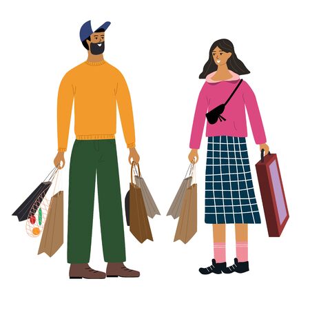 Happy woman and man standing together and holding bags with purchases. Cute couple or family is shopping. Cartoon characters isolated on white background. Colorful flat vector illustration.のイラスト素材