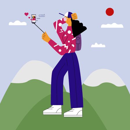 Travel blogger with backpack standing on top of mountain and streaming the trip. Young woman sharing  with adventure content with followers in the internet.  Flat vector illustration.のイラスト素材