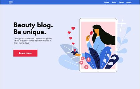 Online beauty blog concept web page. Bloggers service for followers. Young girl in the tablet surrounded by plants. Influencer concept. Flat vector illustrationのイラスト素材