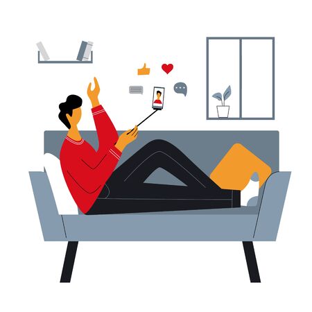 Blogger or man sitting on sofa at home and making stories for followers. Young guy sharing live online content in the internet. Internet addiction concept. Flat vector illustration.のイラスト素材