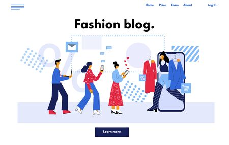 Web page online social media blogging and influencer concept. Fashion blogger promotion service for followers. Flat vector illustration in trendy cartoon style.のイラスト素材