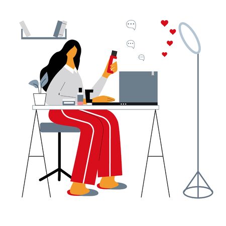 Beauty blogger giving advices how to use cosmetics or cream for make up and face care. Young girl sharing video with followers. Influencer concept. Flat vector illustrationのイラスト素材
