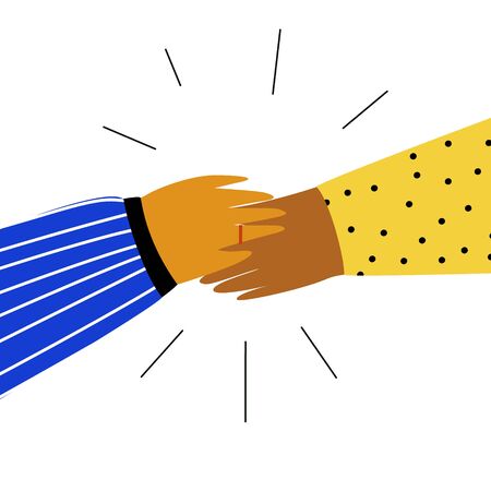 Two person giving five to each other. People celebrate or come to agreement how to achieve results in work. Hope to great deal . Flat doodle illustration in cute cartoonのイラスト素材