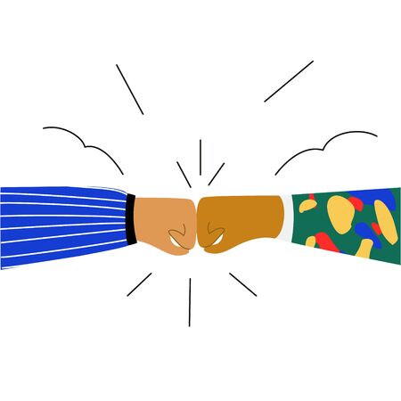 Best friends bumping fists  to each other. Friendship  and respect concept. Teamwork symbol motivation to achieve results in work.Flat doodle illustration in cute cartoonのイラスト素材