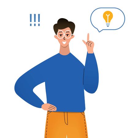 Happy man or student have idea, he found right decision. Bubble speech with bulb. Cartoon character design, flat vector illustration.のイラスト素材