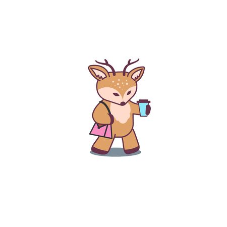 Cute deer standing with bag and coffee.のイラスト素材