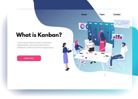 Web site design template. Agile methodology: SCRUM or Kanban for project management concept. Group of workers sitting around table near the task board with sticky notes. Vector illustration.のイラスト素材