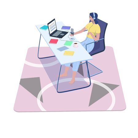 Young girl with headset listening   live stream . Woman holding microphone and recoding  podcast, broadcaster sitting at workspace. Vector illustrationのイラスト素材
