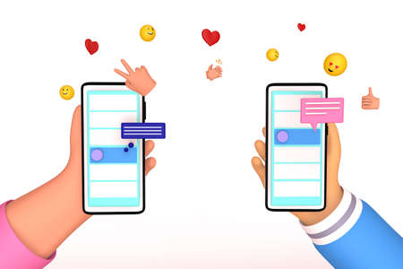 Two hands holding smartphones with short messages, chatting with each other, sending smiles, likes. Online communication concept. Colorful trendy 3d render illustration.の写真素材