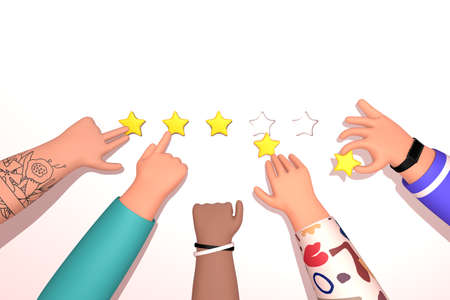 People hands holding review star. Five stars rating. Online feedback concept. Trendy cartoon 3d rendering illustration.の写真素材