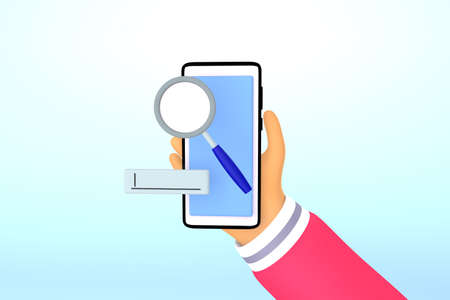 Hand holding smartphone and searching with enter field and magnifying glass. Online searching engine...
