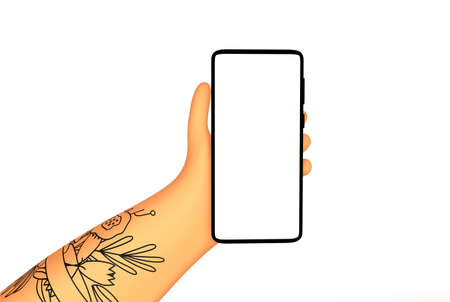 Hand with tattoo holding smartphone mockup with blank white screen. Trendy cartoon 3d render illustration. Communication app concept on white background.の写真素材