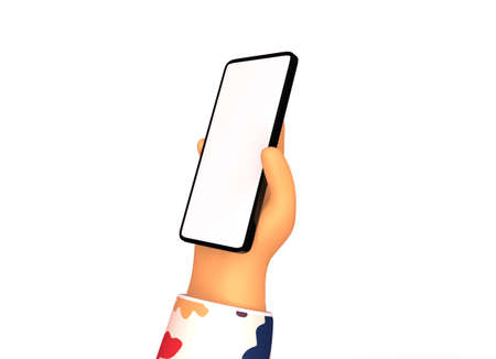 Hand holding smartphone mockup with blank white screen. Trendy cartoon 3d render illustration. Communication app concept on white background.の写真素材