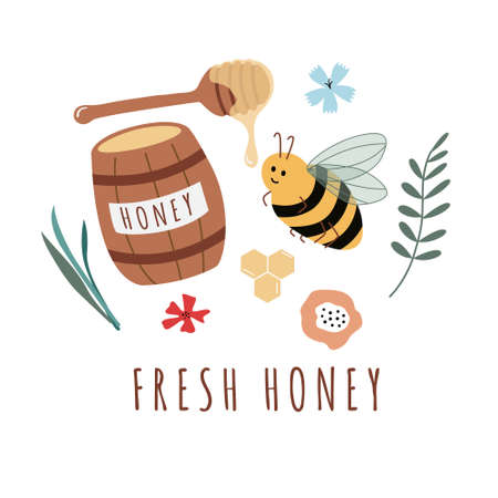 Postcard for honey product , fresh honey text. Barrel with honey, bees, flowers, spoon. Useful for design flyers, stickers, banners, backgrounds. Hand drawn vector illustration.のイラスト素材