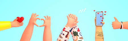 Set of hands holding phone, giving likes, thumb up, heart shape gesture, clapping. 3d render ...