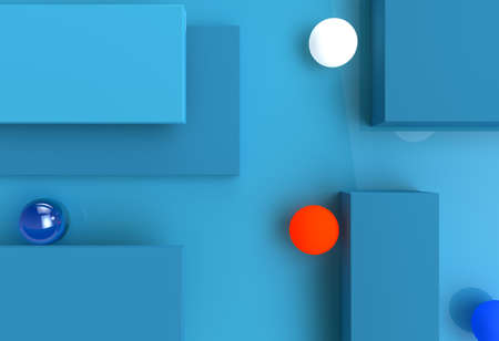 Abstract 3d rendering illustration with balls and geometry shapes. Minimalistic banner in blue color palette. Metaphor of movement, dynamic. Useful for backgrounds, web, placard.の写真素材