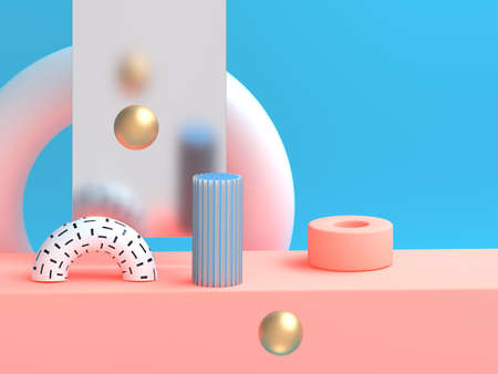 3d rendering composition of geometry shapes: torus, cylinder, sphere . Minimalistic illustration in pastel color palette. Static and dynamic banner. Useful for web, mockup, as podium or backgroundの写真素材