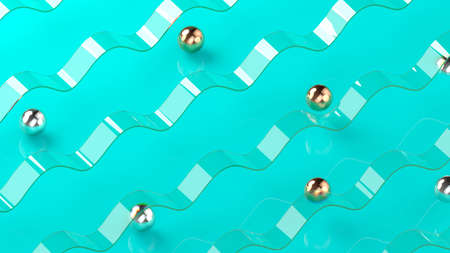 Abstract 3d rendering illustration with rolling balls through waves. Minimalistic banner in dark color palette. Metaphor of movement, dynamic. Useful for backgrounds, web, placard.の写真素材