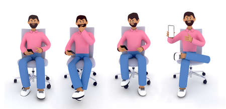 Set of cute happy man with beard sitting on the chair, holding mobile phone and smiling, raging, thinking. Online surfing, internet using, addiction and communication concept. 3d render illustration.の写真素材