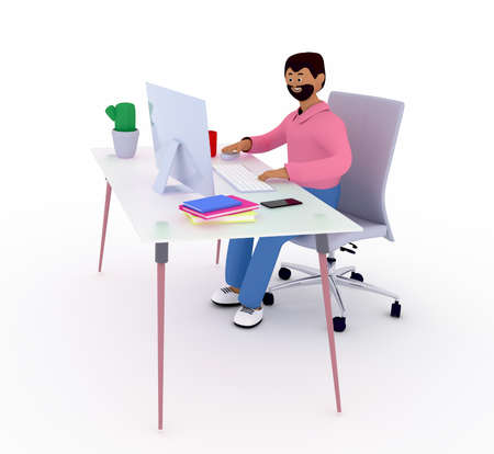 Cute man with beard is sitting at the desk with computer. Freelancer, office worker, manager, is in working process. 3d render illustration isolated on white backgroundの写真素材