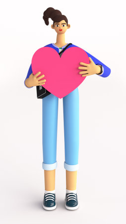 3d render illustration. Valentine's Day image. Female character holding red heart. isolated on white background.の写真素材