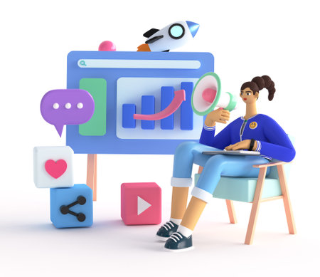 Cute young woman is annoucing and speaking on social media. Brand management, online promotion...