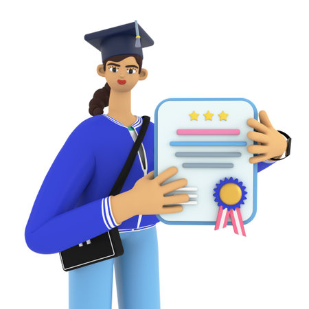 Young woman with college cap holding certificate or diploma. Education, e-learning, graduation concepts. 3d render illustration.の写真素材