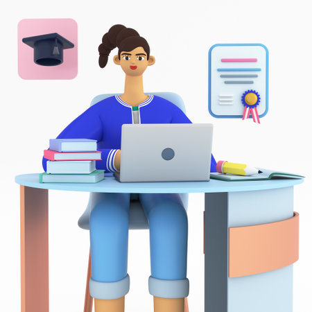Young woman studying at home wanted to be graduated and get diploma. Concept of e-learning, online education at home. Icon of graduation certificate and graduation cap. 3d render iの写真素材