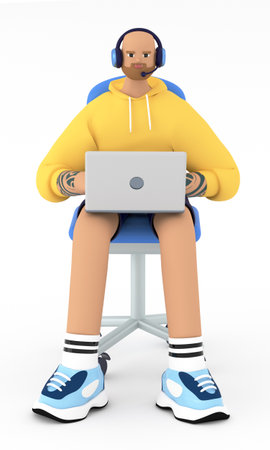 Handsome office operator with headset talking and sitting at customer support department. 24/7 call center support online. Man working remotely and answering the questions. 3d-rの写真素材
