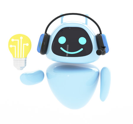 Artificial intelligence chatbot holding light bulb with neural network. AI robot smiling coming up with idea. Chatbot, conversation or communication with technology concept. 3d reの素材
