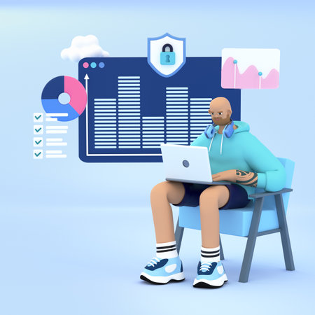 Programmer working with big data and databases, analyzing business process. 3d rendering concept of data science, including big data, machine learning, data visualization, sharingの写真素材