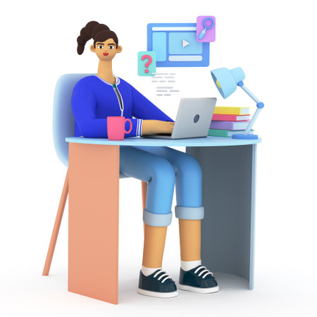 Young woman studying, searching and watching video lessons at home and doing homework. Concept of e-learning, online education. Education and back to school. question icon. 3d renderの写真素材