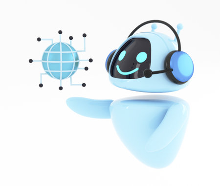 Artificial intelligence chatbot holding web neural network. AI robot smiling coming up with answers and ideas. Chat bot, conversation or communication with technology concept. 3d-rの素材