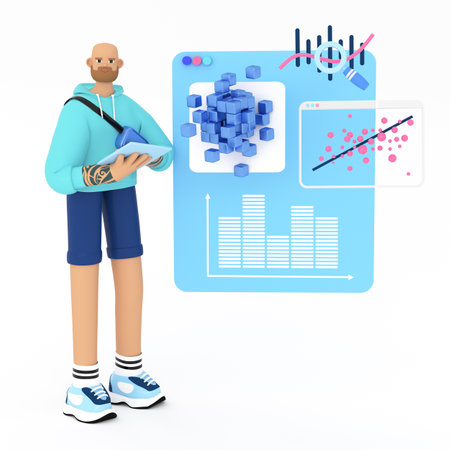 Data engineer or scientist working with big data and databases, analyzing business process. 3d rendering concept of data science, including big data, machine learning, data visualiの写真素材