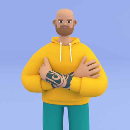 3d confident male person standing with cross hands. Web or app colorful portrait or avatar. 3d render illustration. isolated on white background.の写真素材