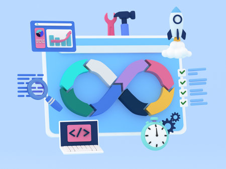 DevOps concept illustration. Abstract web screen for software development with icons of a plan,...
