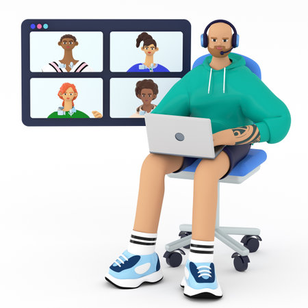 Remote working, online meeting and web communication concept. Group of people talking with teamlead. Learning, solving business tasks from home concept. 3d render illustration.の写真素材