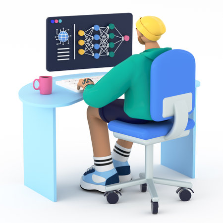 Scientist creating artificial intelligence, programming machine, learning neural network. Deep learning concept. Man researching AI server and robot technology, 3d renの写真素材