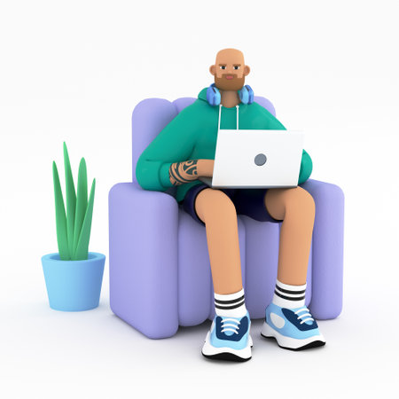 3D illustration of creative man sitting and working with laptop at home. Online education, remote working, marketing, blogging and social media concept. Rendering image on whiteの写真素材