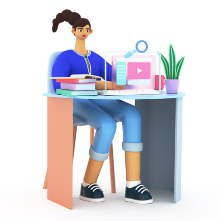 Young woman studying, watching video lessons at home and doing homework. Concept of e-learning, online education. Student finding solution and idea. 3d render illustration.の写真素材