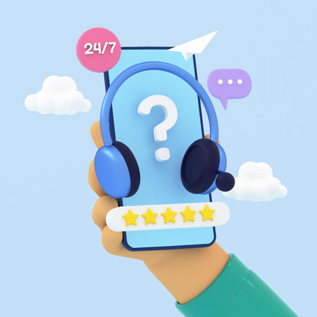3D hand holding phone with headset and question mark. Customer self-service, call center, online assistance, FAQ, support service, hotline, consulting concept. 3d render illustrationの写真素材