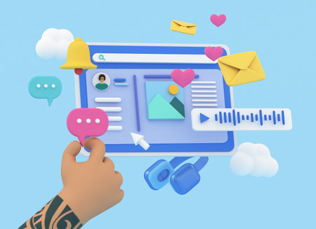 3d social media communication concept image. Human hand holding speech bubble, metaphor of online chatting, sending emails, audio messages, giving reactions on the internet. floatingの写真素材